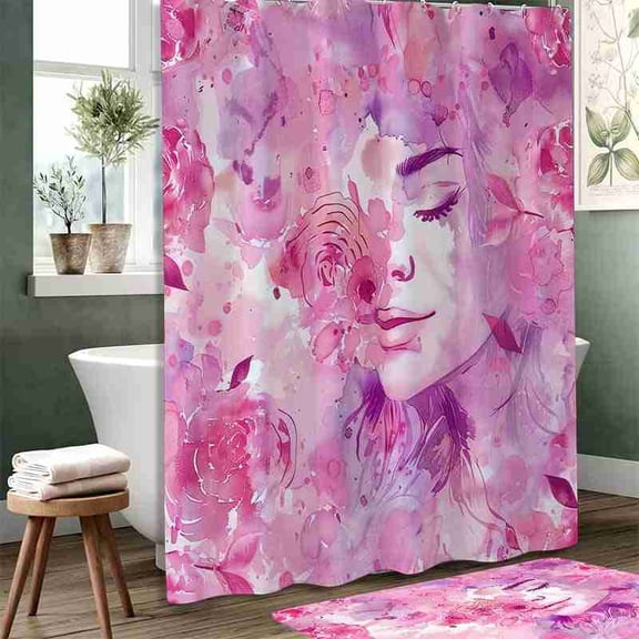 70x70 inch Abstract Pink Floral and Face Watercolor Shower Curtain, Waterproof Polyester Fabric with Hooks for Bathroom Decor
