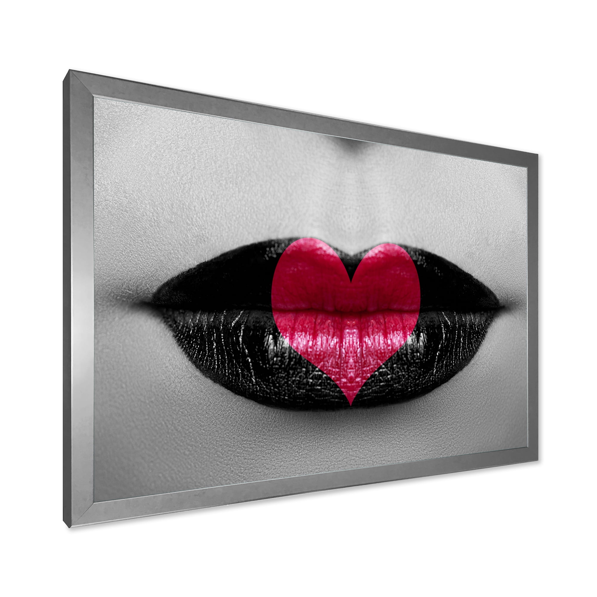 Designart 'Red Heart In Monochrome Lips' Modern Framed Art Print