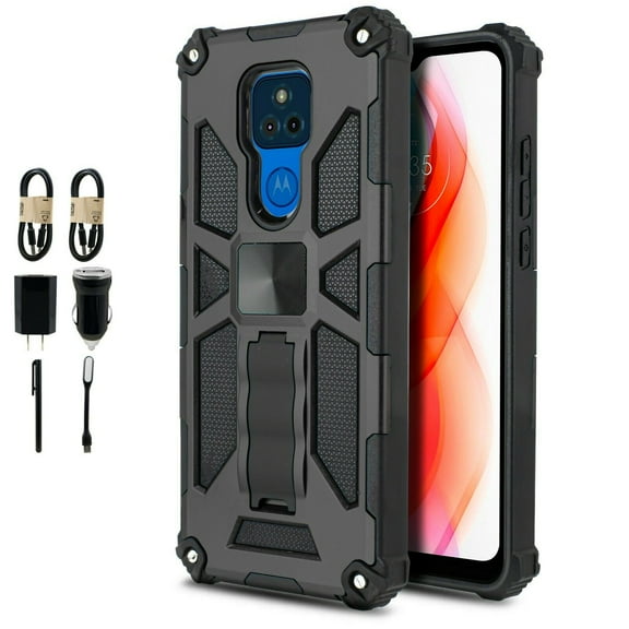 Value Pack Cables for Motorola Moto G Play 2021 (NOT FIT 2020 Version) with Tempered Glass Phone Case Corner Guard Magnetic Kickstand Hybrid Slim Bumper Shock Cover