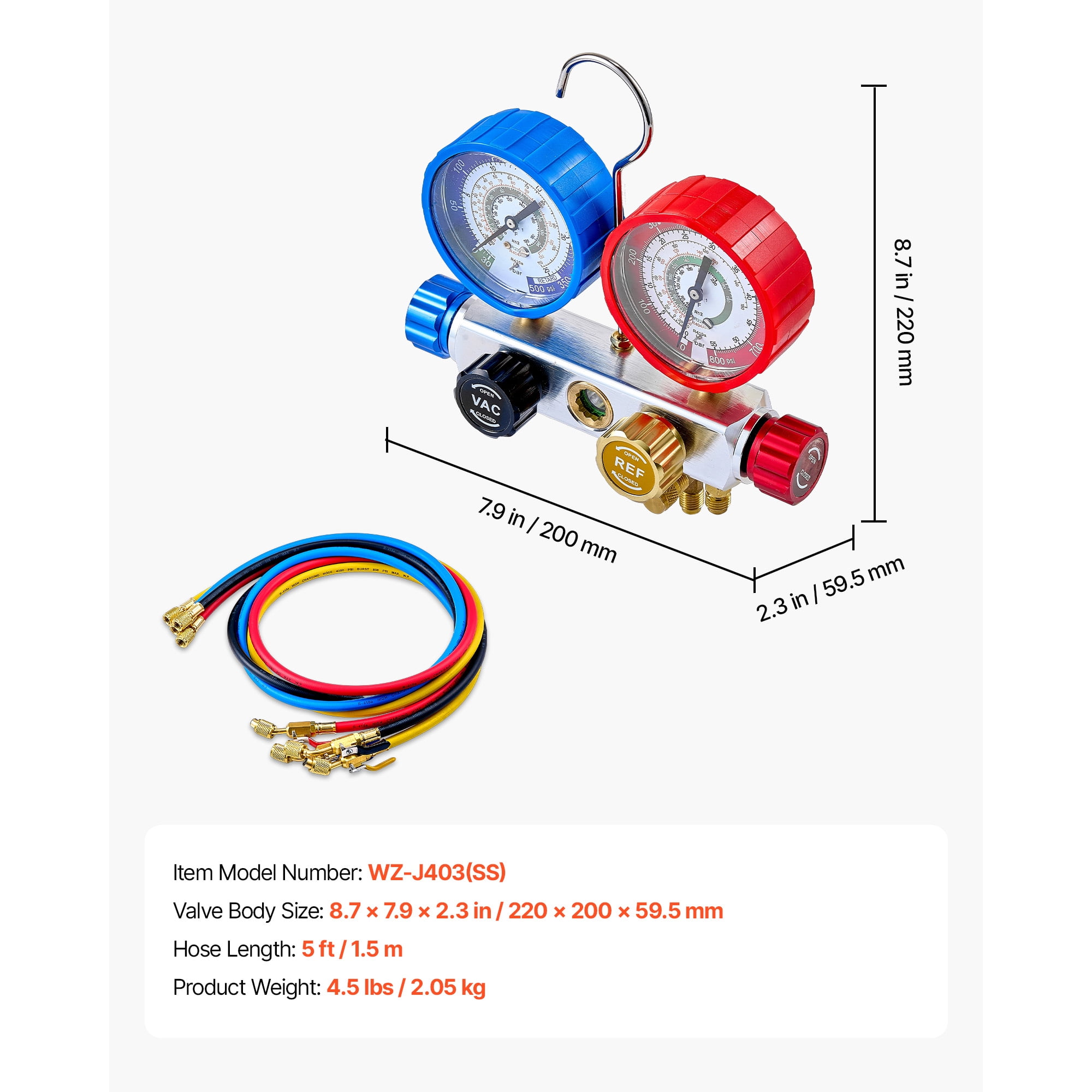 KFFKFF 4-Way AC Manifold Gauge Set for R22 R404A R410A R12 Refrigerants, Includes 5 ft Hoses for Automotive and Home Air Conditioning Maintenance, Vacuuming, Charging, and Recovery
