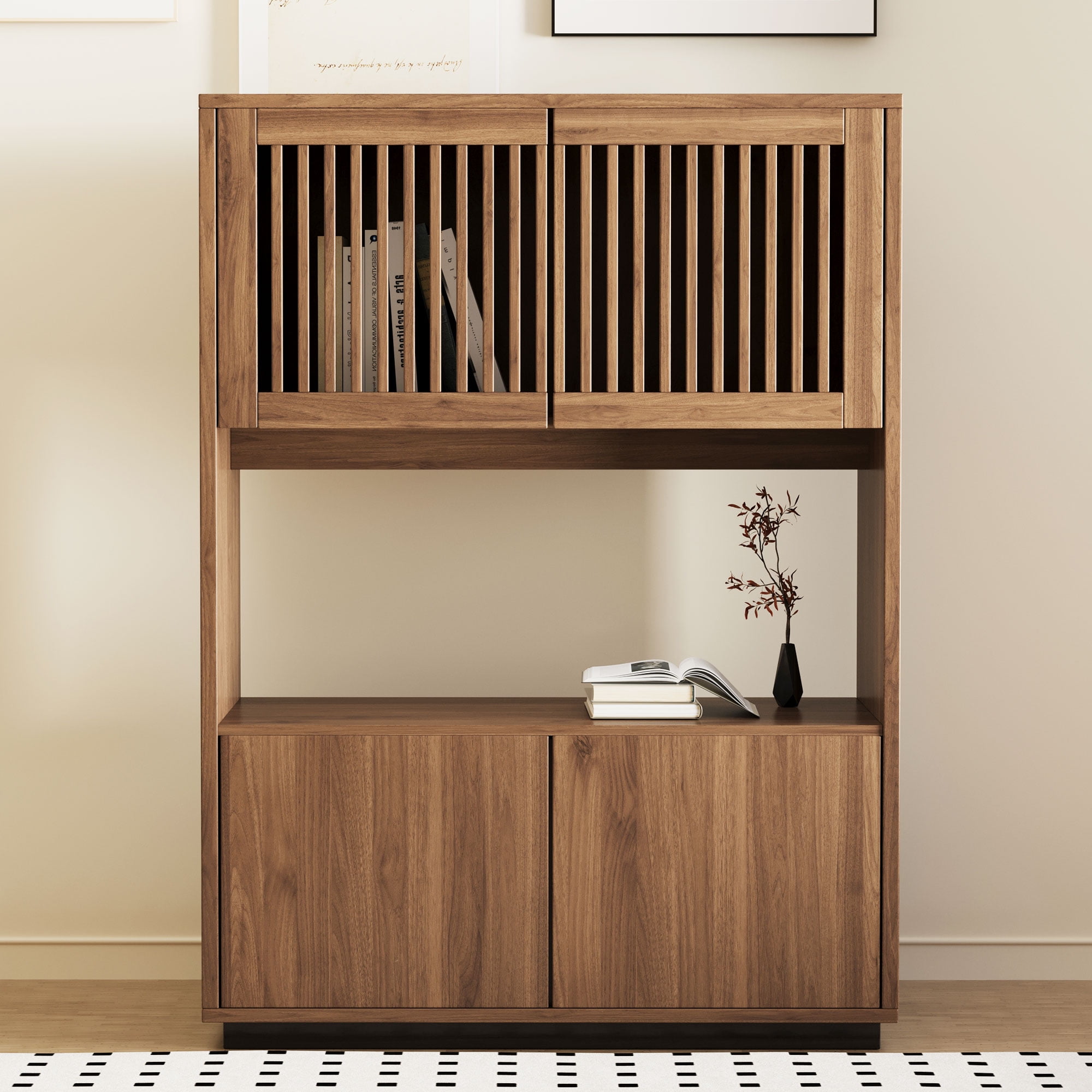 NessCarsti Modern Storage Cabinet, 4 Doors, Shelves, Walnut Brown, 33.46"