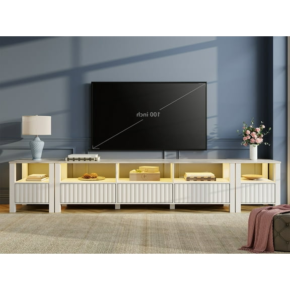 LED TV Stand for TVs up to 100 Inch, Modern Wood Entertainment Center for 80/85/90 inch TV Console Media Table with 10 Cubby Storages for Living Room Bedroom White