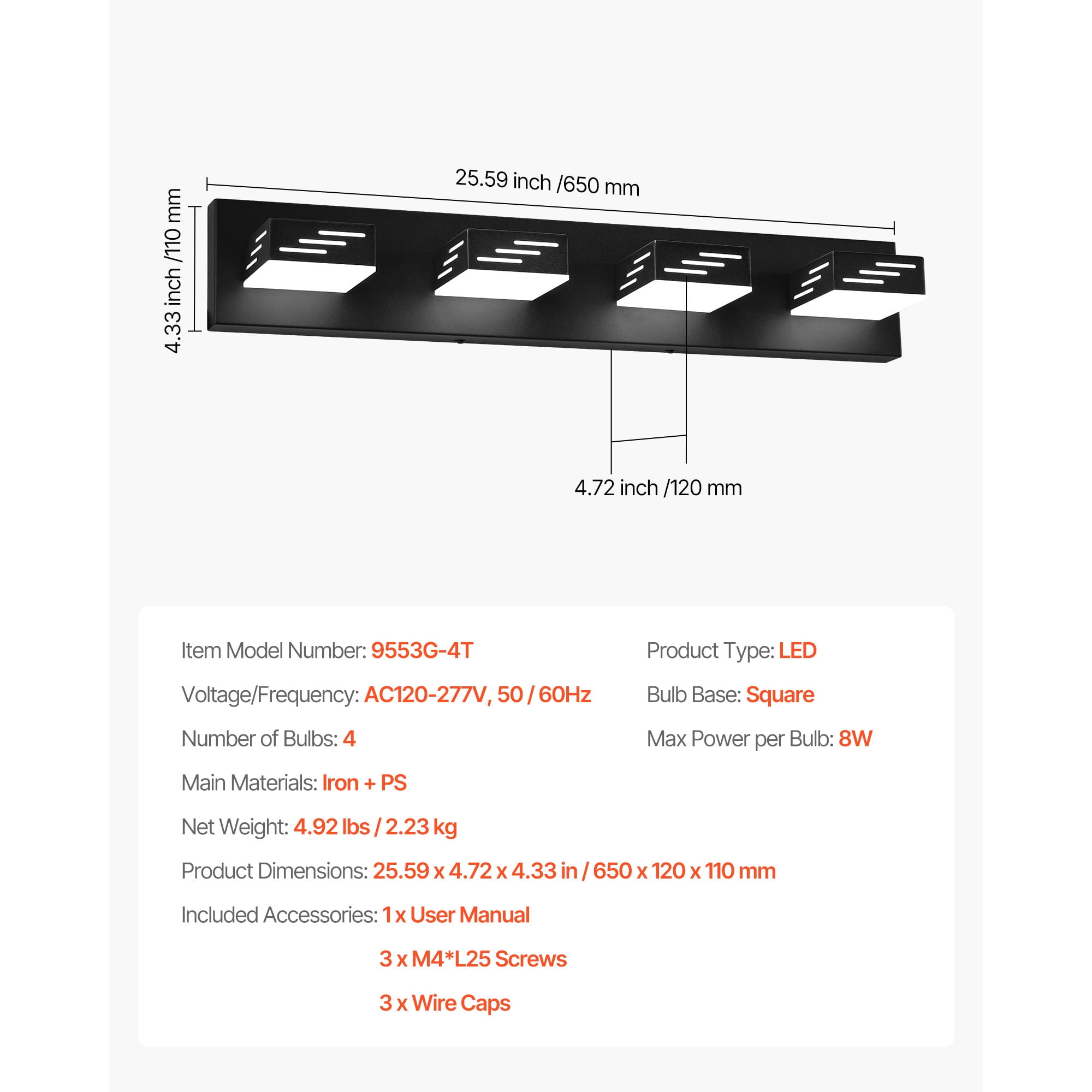 KFFKFF 4-Light LED Modern Vanity Light Fixture, 25.59-Inch, Black Finish Wall Lighting for Bathroom, Living Room, Bedroom, Hallway, Cool White 6000K, IP44 Waterproof