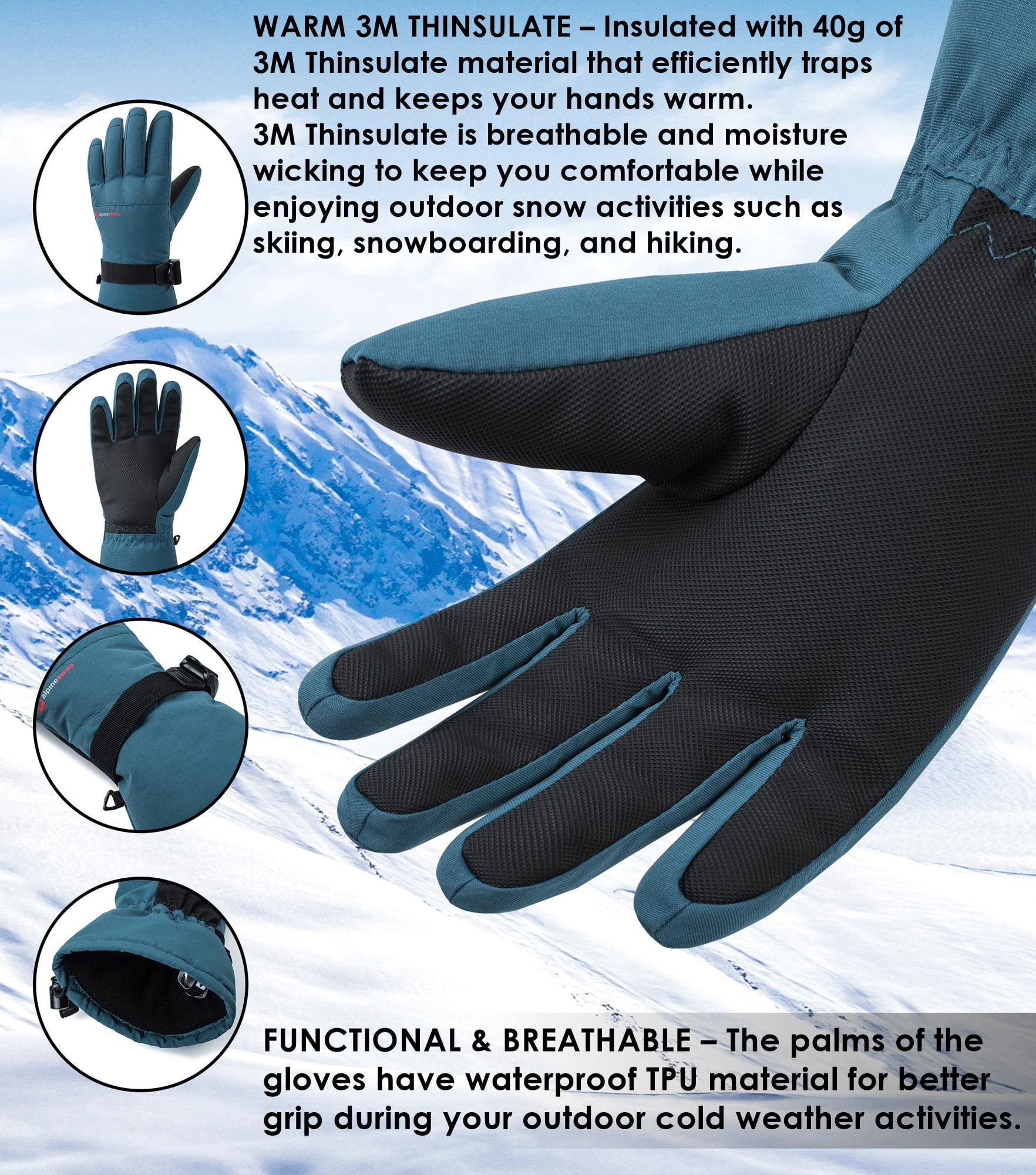 Alpine Swiss Mens Waterproof Gauntlet Snow Ski Gloves Winter Sport Snowboarding Windproof Warm 3M Thinsulate
