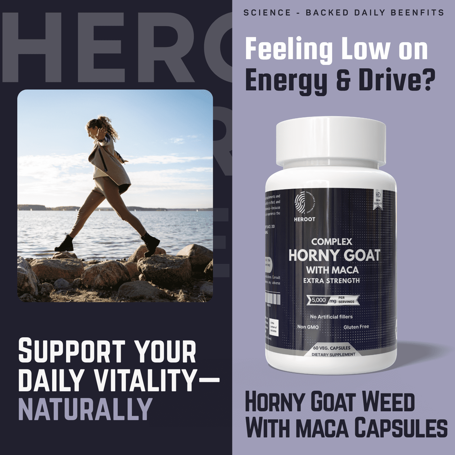 Heroot Goat Weed Capsule Maca Root 500mg Supports Stamina & Saw Palmetto, 120 Capsules