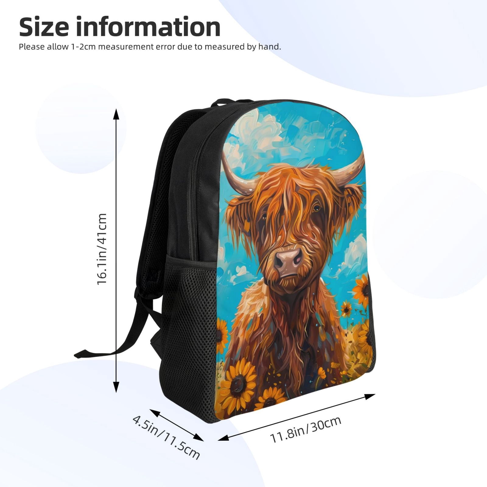 Xecao Cute Cow Sunflowers Art Print School Backpack with Laptop Compartment Small Travel Laptop Backpack for Women Men Waterproof College Backpack Simple School Bag
