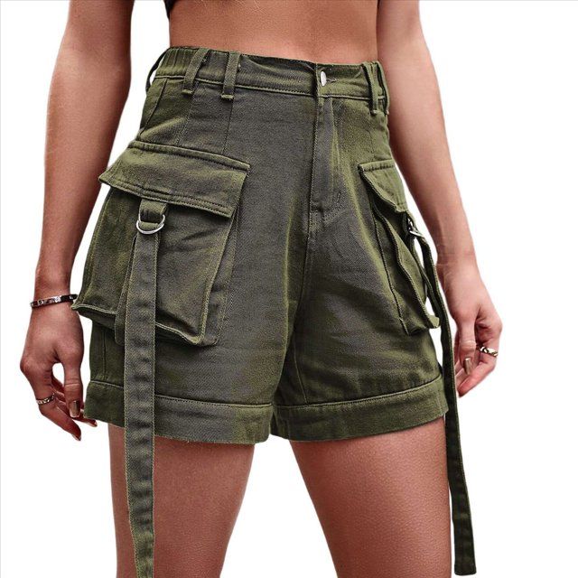 Pantalones Cortos de Sarga de Tiro Medio y Alto para Mujer, Elásticos, con Bolsillos, para Discotecas Verde L