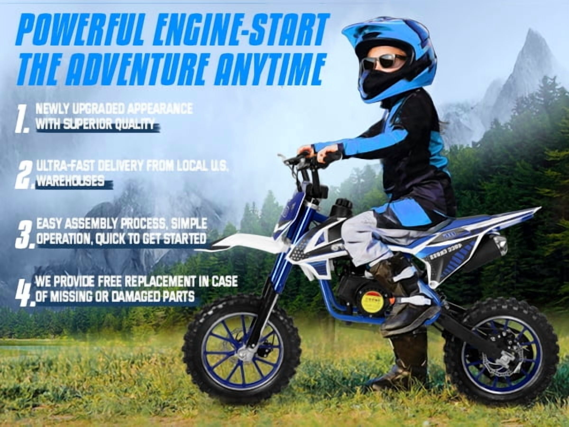 Mohsoe 49CC Mini Gas Motocross Bike, 10" Inflatable Tires & Upgraded Braking, 25H High-Speed Chain, Blue & White