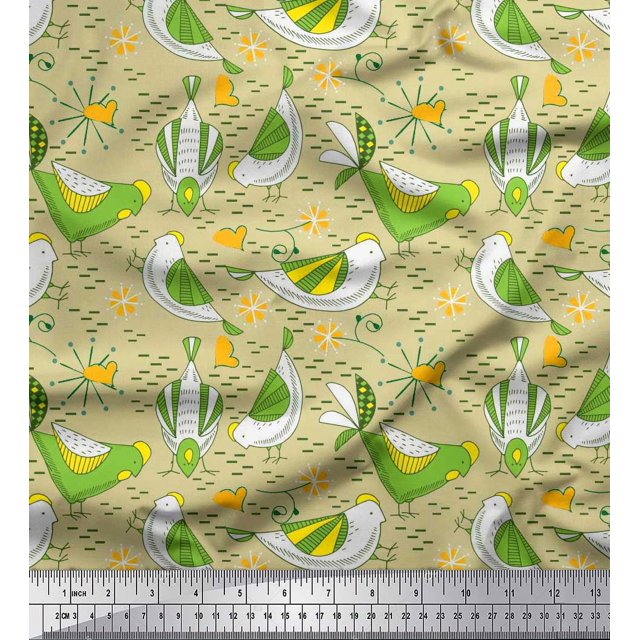 Soimoi Polyester Crepe Fabric Floral & Bird Cartoon Printed Craft Fabric by The Yard 42 Inch Wide