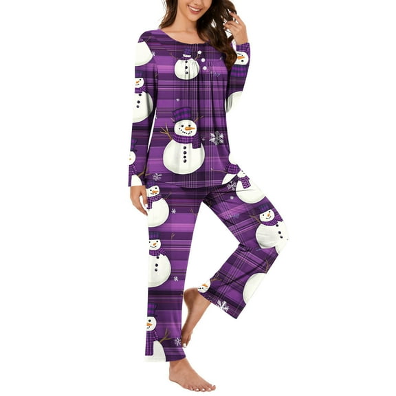 asdoklhq Christmas Pajamas for Women Ladies' Christmas Printed V-neck Casual Long Top Pants Pajama Set Purple S