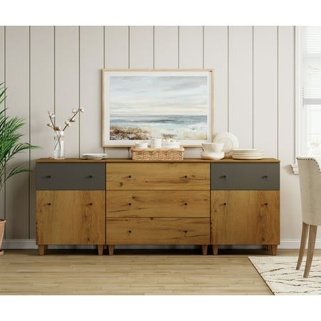 WAMPAT Sideboards Buffet Cabinet 3-in-1 Wood Wide Credenza Storage Cabinet with 2 Doors and 3 Drawers Modern Kitchen Coffee Bar Table with Storage Shelves for Living Room Dining Room Oak Brown