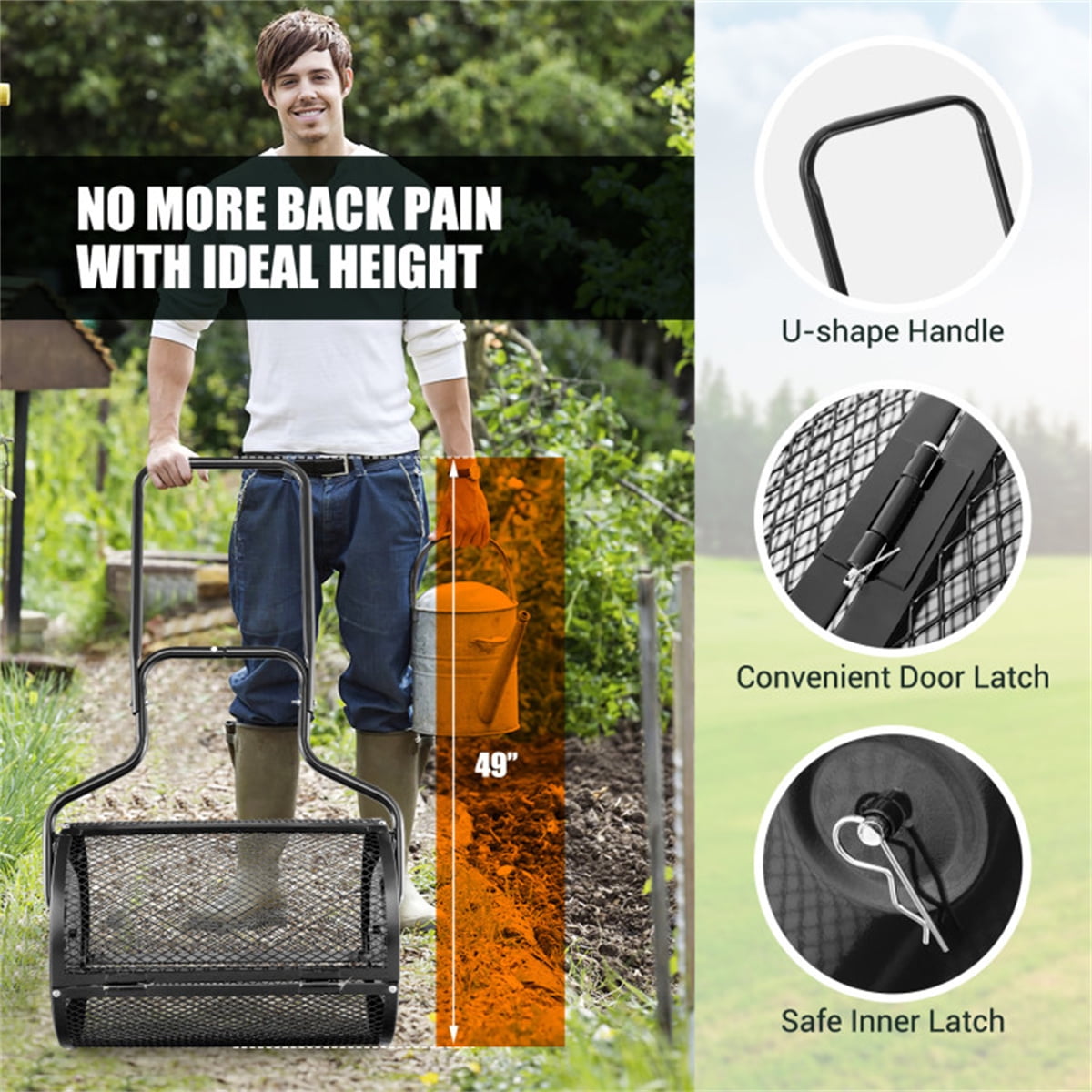 Metal Mesh Compost Spreader - 2.7 Cu. ft Large Capacity, 48.5" U-Shaped Ergonomic Handle & Even Spreading Design