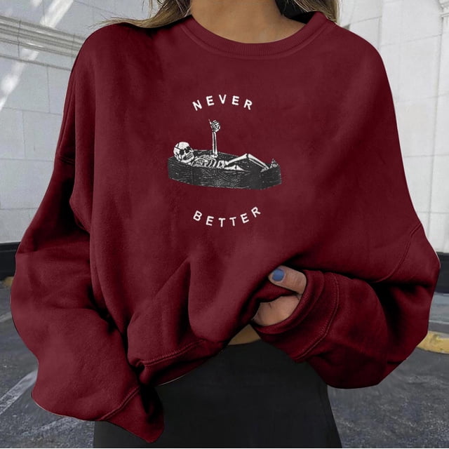 Puntoco Mujeres Moda Casual Estampado Cuello Redondo Suelto Manga Larga Tops Cortos Blusa Sin Capucha Sudaderas Puntoco Puntoco-297