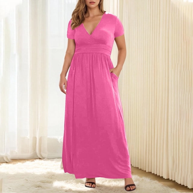 Liquidation d'Été 2025! Robe Grande Taille pour Femmes, Liquidation de Robe d'Été pour Femmes, Mode Robes Maxi à Manches Courtes Col en V Poches Solides Robe Confortable Grande Taille