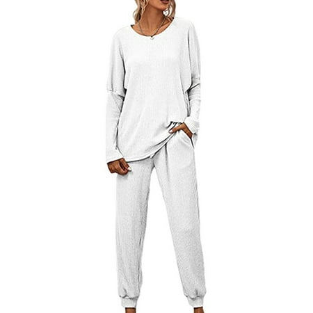 

Rejlun Women Sleepwear Tops And Pants Nightwear Drawstring Loungwear With Pockets Pajamas Baggy Joggers Pjs White XL