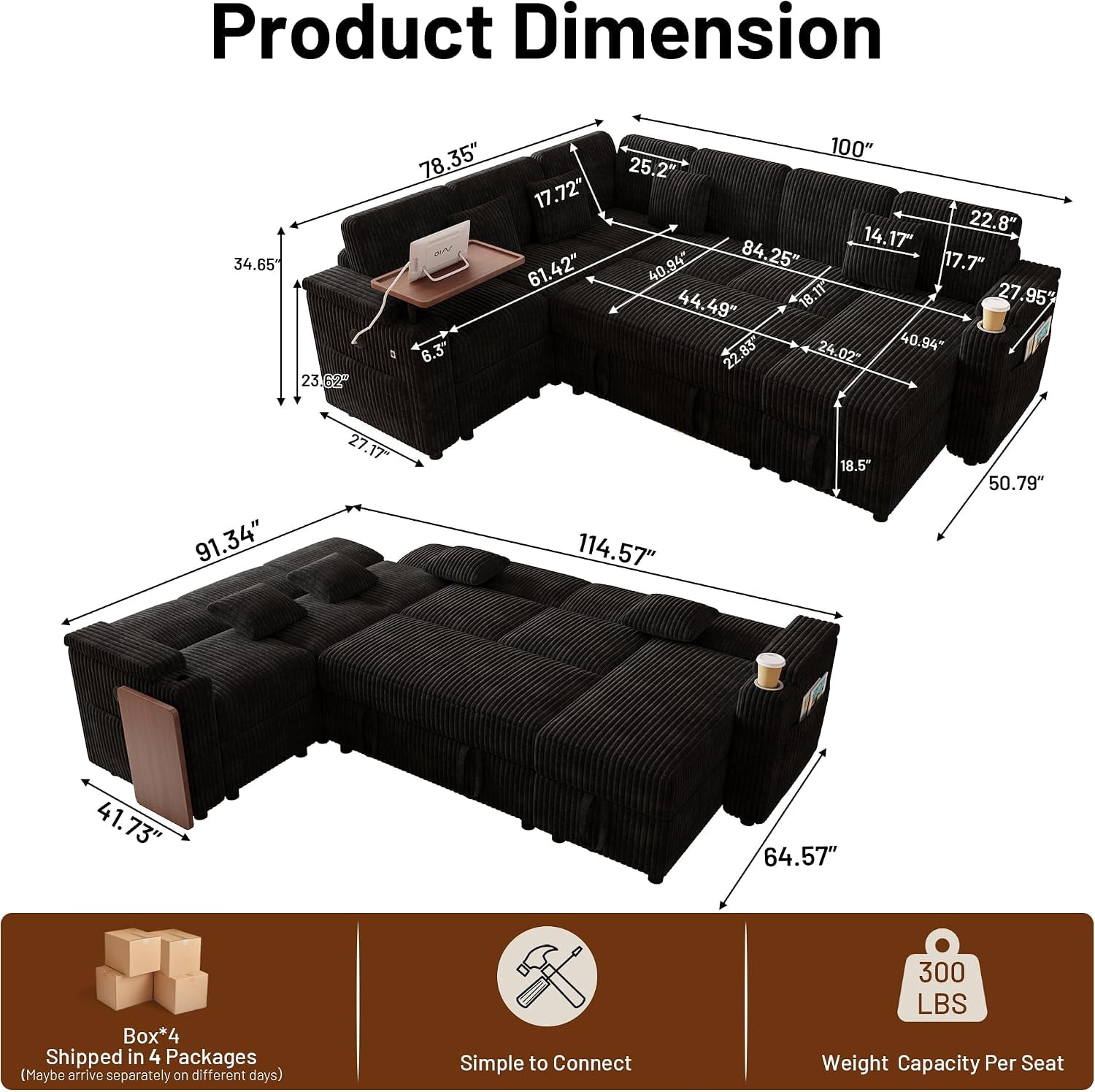 Howcool 100" U-Shaped Modular Sectional Sleeper Sofa, 7-Seat Cloud Couch with Pull-Out Bed, Storage Chaise, USB Ports, Cup Holder & Side Table, Corduroy Sofa Bed for Living Room, Black