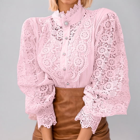Women’s Lace Trim Shirts Victorian Blouse Tops (Red XXL)