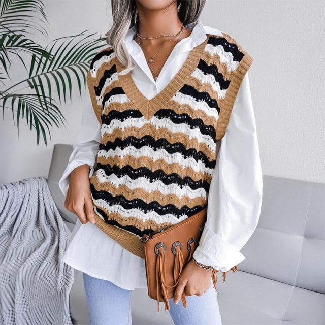 Ruimatai Mode Décontractée pour Femmes Gilet Tricoté Creux Col en V