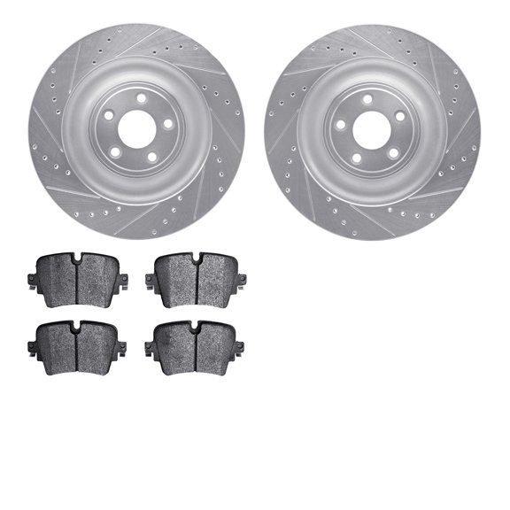 Dynamic Friction Company Rear Brake Rotors-Drilled and Slotted-Silver with 5000 Advanced Brake Pads 7502-20028