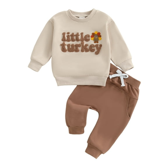 BemeyourBBs Boy Thanksgiving Outfits Embroidery Long Sleeve Pullover Solid Pants