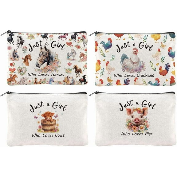 4Pcs Animals Makeup Bags 5.91x9.06 inch Canvas Cosmetic Bags Horse Chicken Cow Pig Bags with Zipper Polycotton Travel Toiletry Pouches for Women Party Shopping Home Travel Accessories Mixed Color