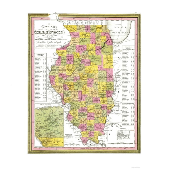 Historic State Map - Illinois - Campbell 1850 - Vintage Wall Art