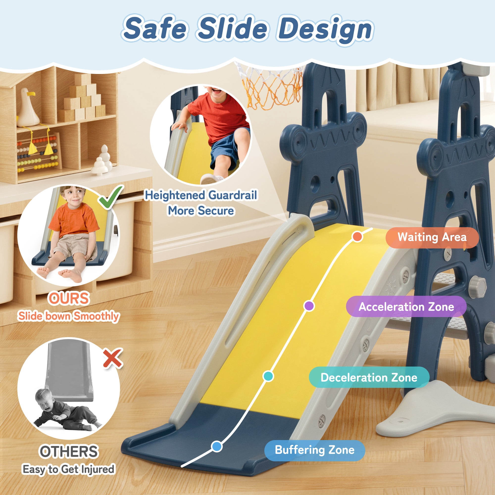 TOBBI 4 in 1 Slide and Swing Set for Toddlers, Indoor Slide Climber Toy, Swing Style,Blue,1+