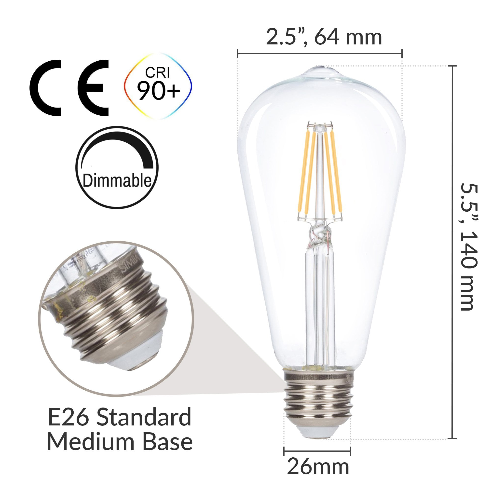 Simba Lighting LED Edison ST21 6W 60W Equivalent Light Bulbs 120V Dimmable E26 Base 2700K Warm White 6-Pack