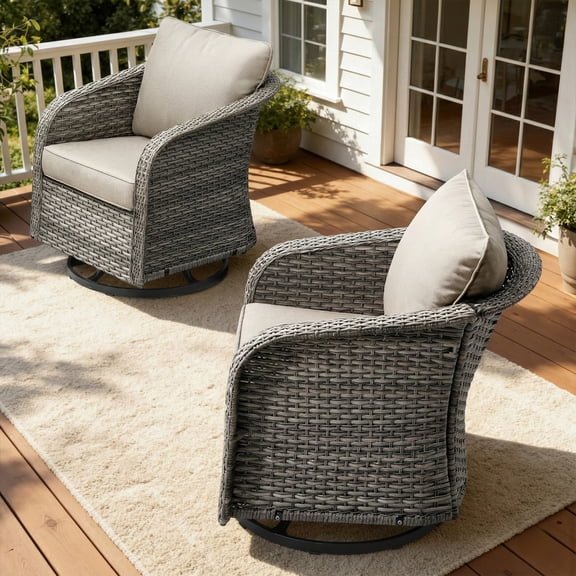 Opohoro Outdoor Swivel Chair Wicker Chairs Set of 2, Gray PE Rattan Patio Rockers with Beige Cushions for Porch or Backyard