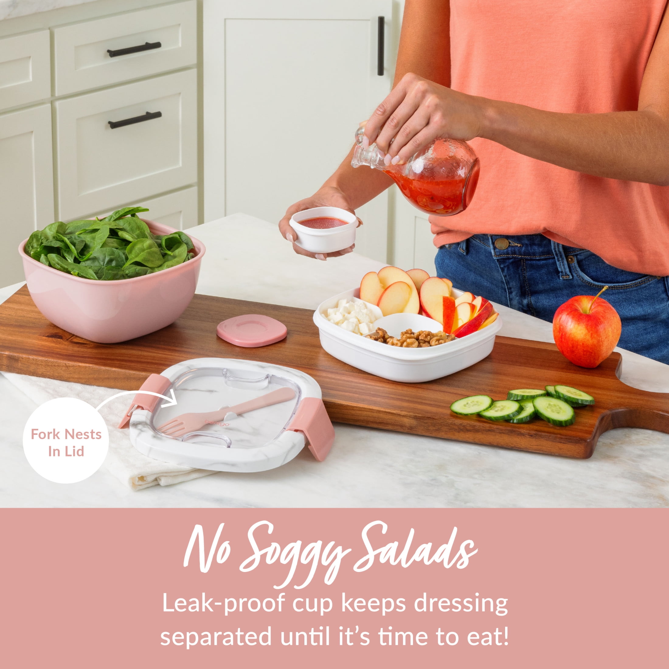 Bentgo Salad Container - 6.75 cup Bowl with 4-Compartment Toppings Tray, Dressing Container, Reusable Fork, BPA-Free Lunch Box for Meal Prep & Food Storage; Removable Bento Tray (Blush Marble)
