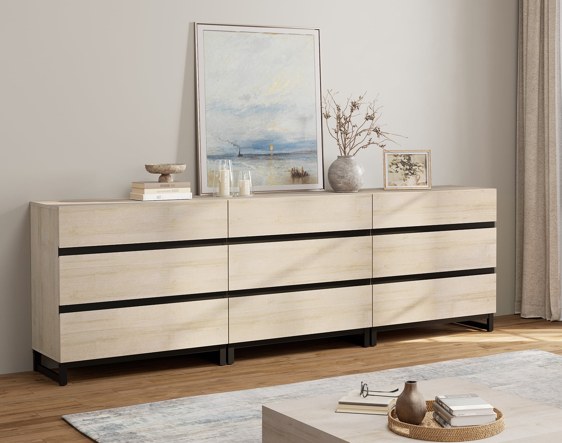 WAMPAT Dresser for Bedroom, Closet Organizers and Storage with 9 Drawers, Chest of Drawers with Metal Base, Wooden Modern Dresser for Living Room, Bedroom, Entryway, Light Oak