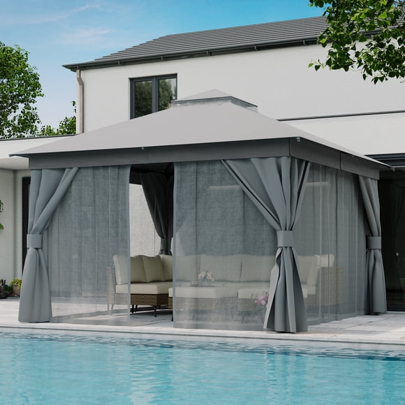 LAUSAINT HOME 12'x12' Outdoor Patio Gazebo, Heavy Duty Semi-Permanent Gazebo Tent with Double Roof, Mosquito Netting & Privacy Curtains, Metal Frame Backyard Canopy for Garden, Lawn, Party, Grey