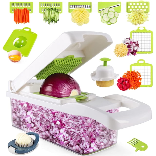 Picadora de verduras, picadora de cebolla profesional, picadora de alimentos multifuncional 13 en 1, cortadora de verduras de cocina, picadora de verduras con 8 cuchillas, picadora de zanahoria y ajo