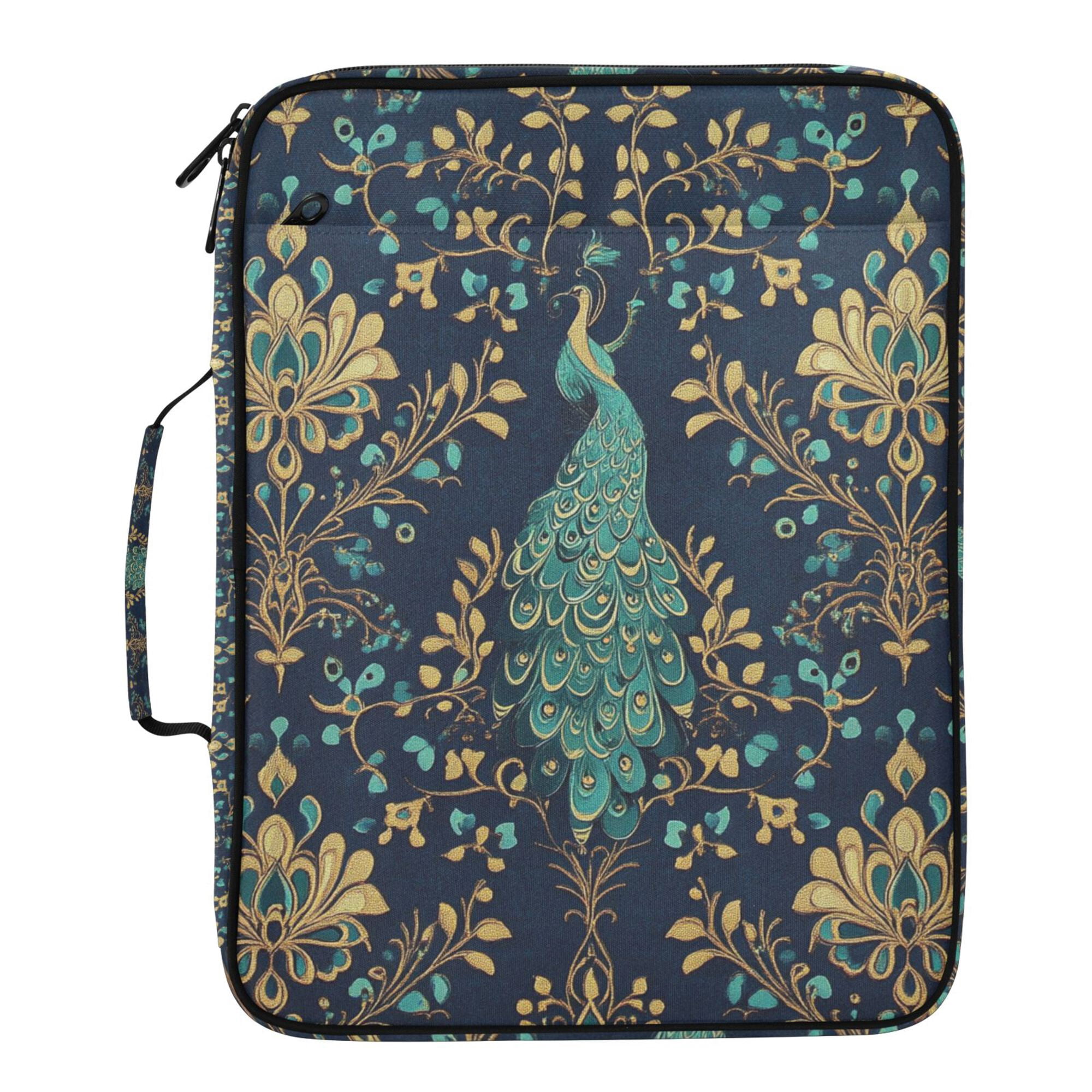 FORMRS Accordion File Folder A4 Size 7-Pocket Expanding Document Organizer Bag with 3 Ring Binder, Navy Blue Peacock Pattern