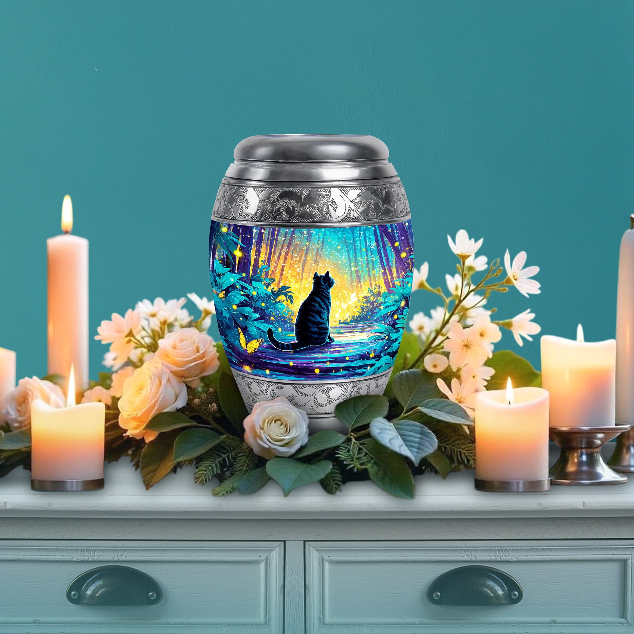 SABURIAL Cat Large Cremation Urns for Humans - Little Funeral Urns for Human Ashes Adult Male - Mini Urn for Ashes for Women - Combo of 10 Inch & 3 Inch - Keepsake Burial Urn for Ash