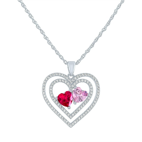 Ladies Brilliance Fine Jewelry Sterling SIlver Plated Simulated Ruby, Pink Sapphire & CZ Love Pendant, 18"