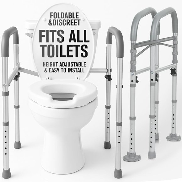 Toilet Safety Rail for Handicapped & Seniors - Folding Bathroom Frame w/Handles for Elderly & Disabled - Standalone Grab Bar w/Arms - Toilet Seat Assistance Support Stand Up Assist Device