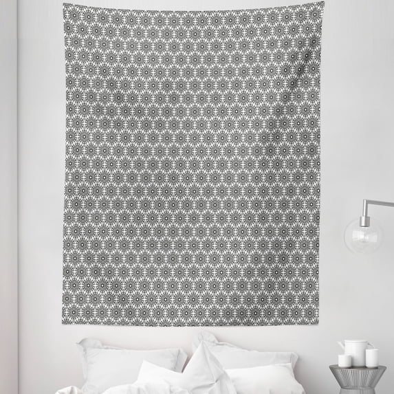 Abstract Geometry Tapestry, Rhythmic Monochrome Floral Inspired Motifs Modern Illustration, Fabric Wall Hanging Decor for Bedroom Living Room Dorm, 5 Sizes, Charcoal Grey White, by Ambesonne
