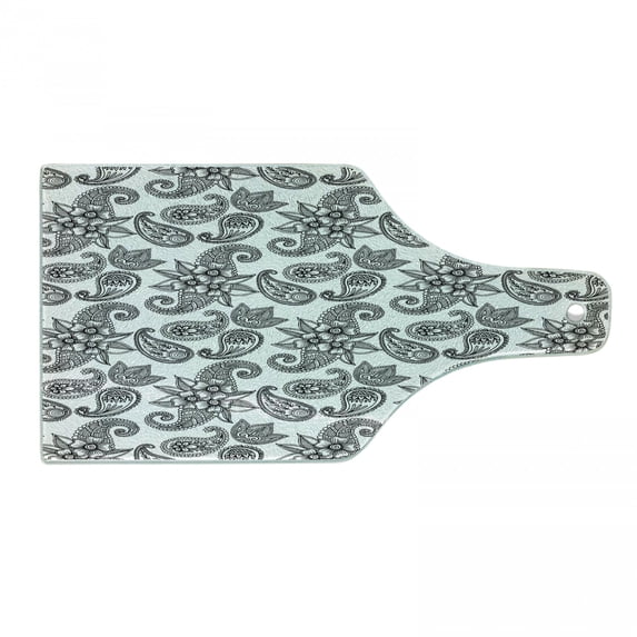 Ethnic Cutting Board, Paisley Inspired Continuous Pattern of Monochrome Floral Repetitive Design, Decorative Tempered Glass Cutting and Serving Board, in 3 Sizes, by Ambesonne
