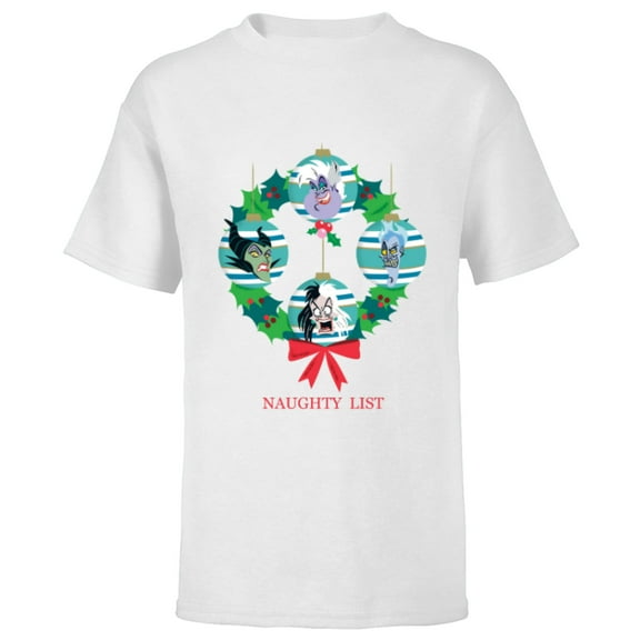 Disney Villains Holiday Christmas Wreath Naughty List - Short Sleeve T-Shirt for Kids - Customized-White