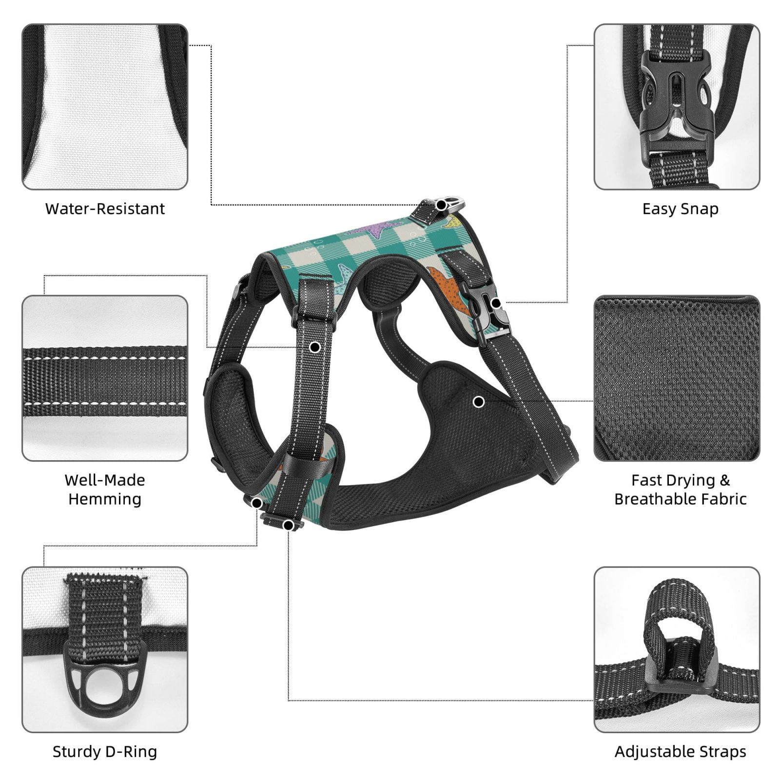 Kdxio Starfish On Checkered Background Print No Pull Dog Harness Adjustable Reflective Oxford Easy Control Medium Large Dog Harness for Training and Everyday-X-Large