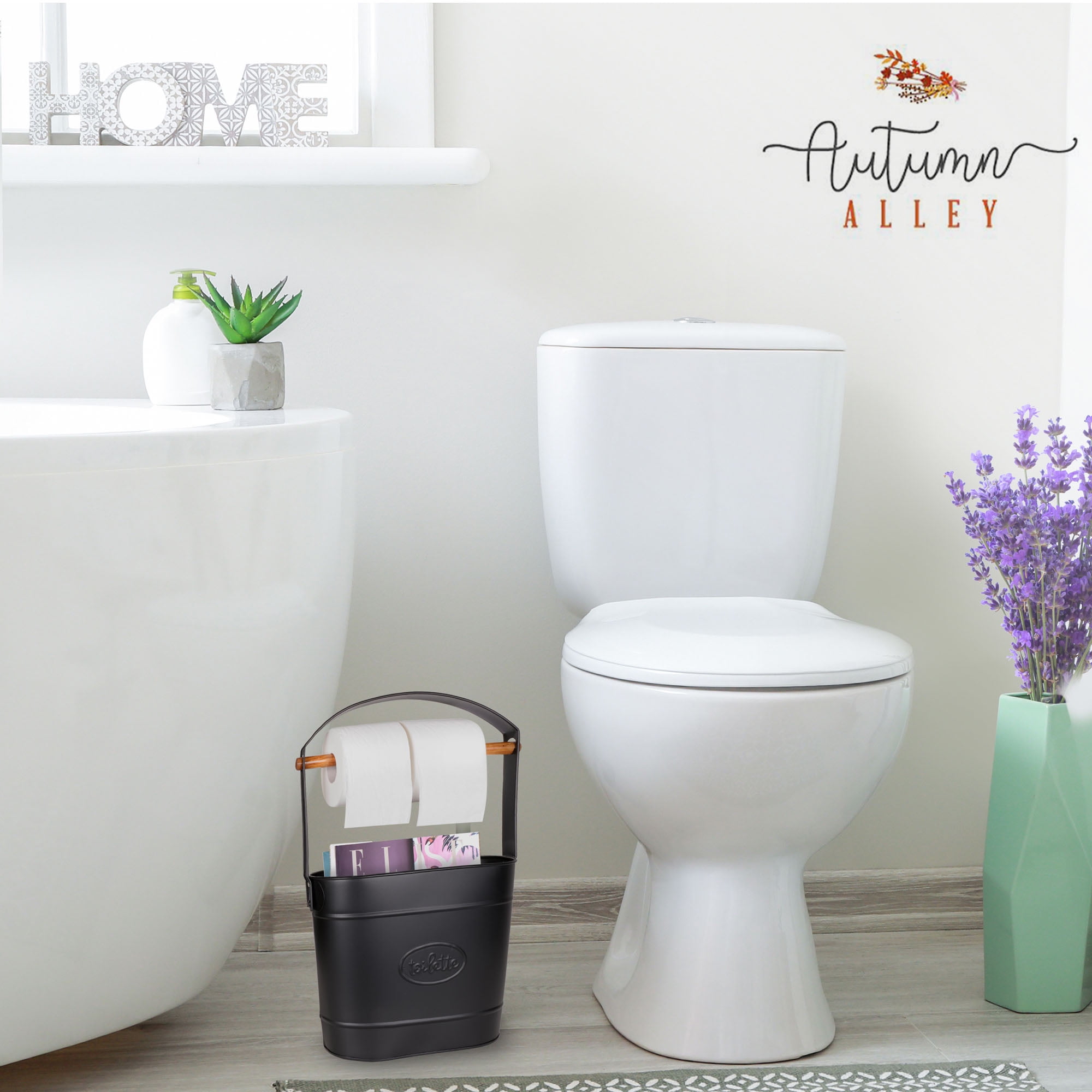 Autumn Alley Black Standing Toilet Paper Holder with Bucket Extra Roll Storage