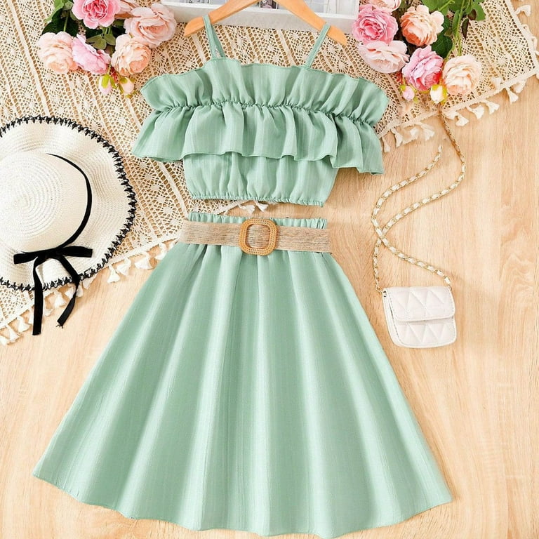 cute two piece dress sets LNWUY Girl's Cute Fashion Ruffle Trim Two Piece Off Shoulder Cami Pleated  Mini Dress Outfits Set With Belt Green 9Y