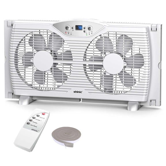 Shinic 9" Twin Window Fan with Thermostat, Reversible Airflow, 3 Speeds, Expandable Width 23.8"-37", ETL Listed