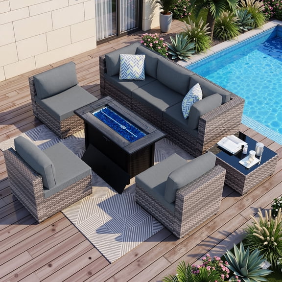 Walsunny 8 Pieces Patio Wicker Rattan Fire Pit Furniture Conversation Sets with Outdoor Sectional Sofa,45" Gas Propane Fire Pit Table,Glass Coffee Table,Brown Rattan Grey Cushion