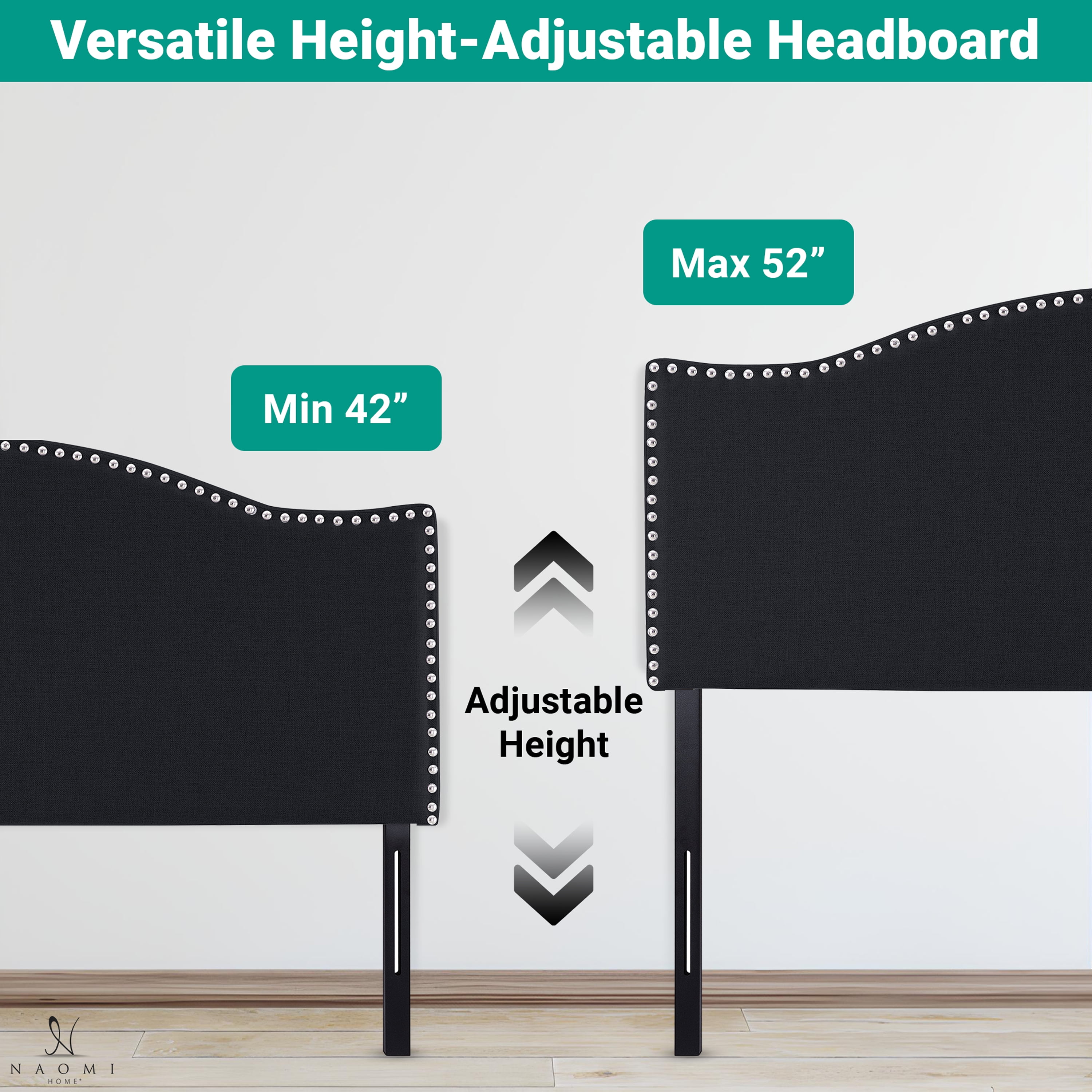 Catalina Black Upholstered Queen Headboard – Nailhead Trim, 12 Adjustable Positions