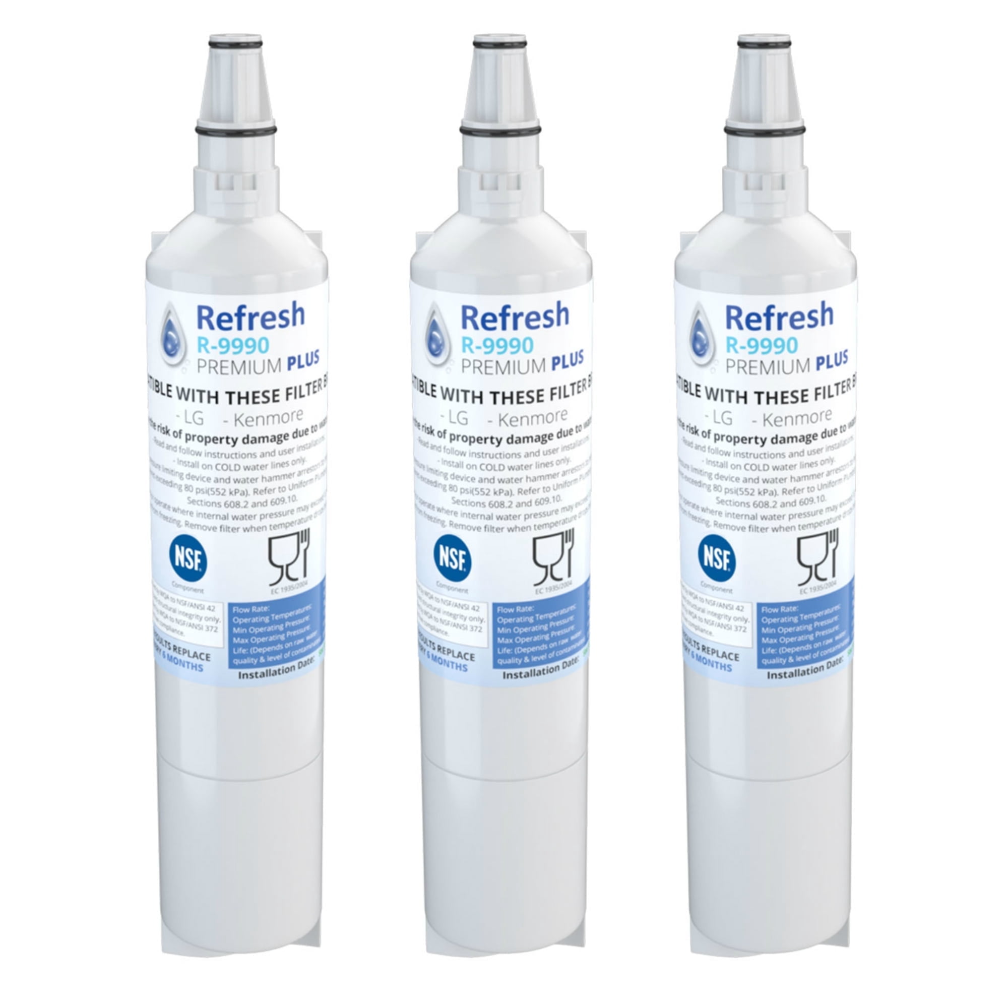 3 x lg 5231ja2006a, lg 5231ja2006b, lg lt600p premium refrigerator water filter by refresh / also for kenmore 46-9990, 9990, 469990