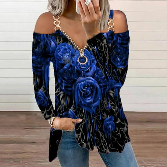 Inkach Womens V-Neck Loose Zipper Floral Print Tops Casual Long Sleeve Blouse