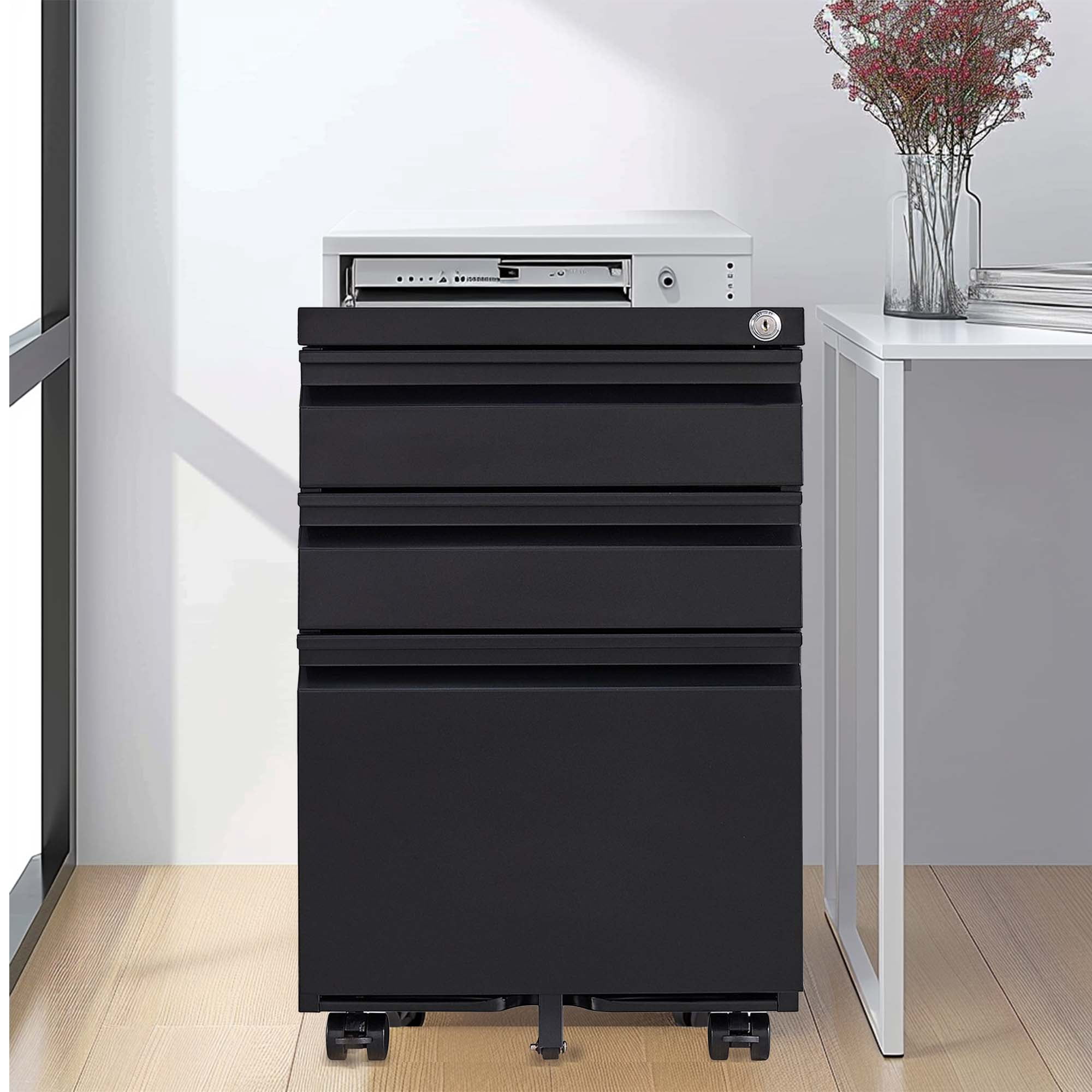 3 Drawer Mobile File Cabinet with Lock, Metal Filing Cabinets for Home Office Organizer Letters/Legal/A4, Fully Assembled Except Wheels, Black