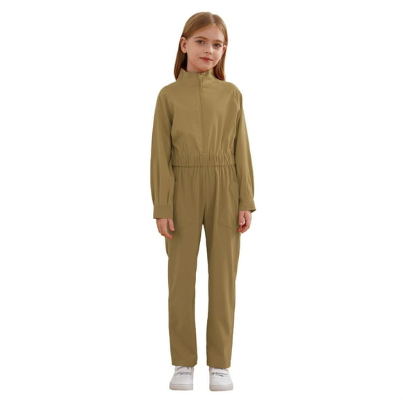 Raenseen Girls Boys Mechanic Boiler Suit Coveralls Flight Suit Turndown Collar Jumpsuit for Kids Halloween Party Dress Up Khaki 12